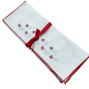 Vintage Set of Cloth Luncheon Placemats (4) Red & Pink Floral Embroidery Details